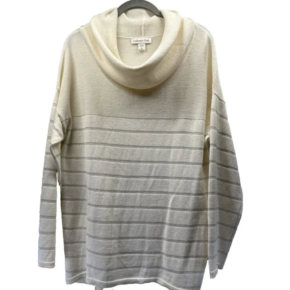 Coldwater Creek Sweater Sz‎ Large Ivory Silver Metallic Stripe Merino Wool Blend